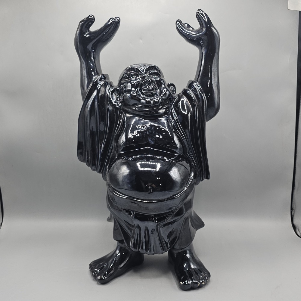 Vintage 70s Happy Buddha Ceramic Statue 18.5" Laughing Hands Up Glossy Black